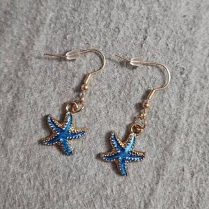 Boutique Sweet Blue & Gold-Tone Starfish Earrings ~ Casual ~ Beach ~ Ocean